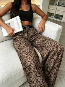 1pc Loose Leopard Print Elastic Waist Long Pajama Pants - Black - View 5