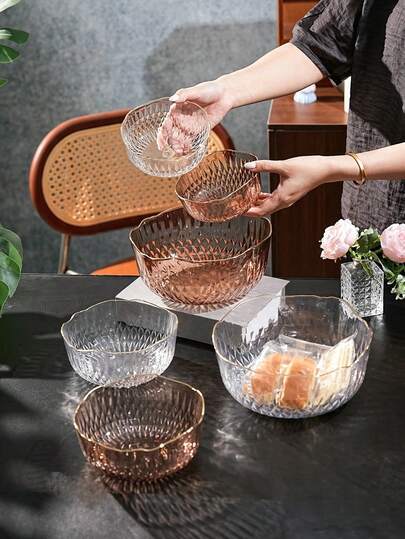 1pc Thickened PET Material Snack Storage Bowl, Creative Luxury Dry Fruit Tray, Home Coffee Table Candy Fruit Bowl With Gold Rim