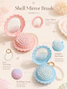 Set Cermin dan Sisir Lipat Portabel 2-in-1 Berbentuk Cangkang, Cermin Rias Mini dengan Liontin Mutiara, Aksesori Kecantikan Perjalanan yang Lucu, Cocok untuk Hadiah Natal, Souvenir, Perlengkapan Perjalanan, Kualitas Terjangkau - MultiWarna - View 6