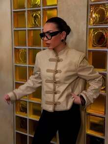 Imperial Style Short Jacket, Stand Collar Contrast Color Button Versatile Outerwear - Camel - View 5