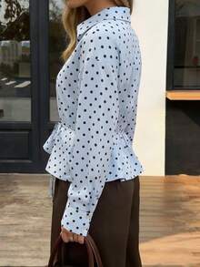 Women's Fashion Elegant Minimalist Commute Retro Colorblock Polka Dot Light Blue Hidden Button Tie Waist Blouse - Light Blue - View 4