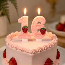1pc Handmade Pink Glitter Number Birthday Candle With Rhinestone Raspberry Fruit Decoration, 0-9 Number Cake Topper, Sweet Cute Girl Birthday Baby Shower Fruit Theme Party Dessert Table Celebration Supplies - Pink Strawberry - View 4
