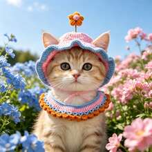 Handmade Woven Pet Hat & Bib Set, Adjustable Tie, Sun Hat + Drool Bib, Cat Photo Prop, Daily Styling Accessory For Small And Medium Dogs And Cats - Multicolor - View 4