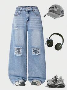 Girls Casual Loose Straight Leg Ripped Jeans, Light Blue, Summer, Street Style, Campus Style, Back To School Season Elastic Waist Distressed Denim - Blue - View 2