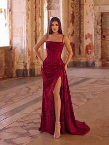 ADYCE Elegant Spaghetti Strap Jacquard Fabric Pleated Boning High-Waist Long Ribbon High-Slit Backless Tie Floor-Length Evening Gown For Prom Wedding - Burgundy - View 6