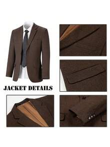 3pcs/Set Boys Herringbone Twill Suit Jacket, Vest, Pants, Suitable For Wedding, Birthday, School, Stage And Other Formal Occasions, Dark Brown, 6-16 Years Old - Brown - View 9