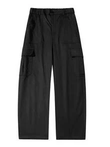 Men's Elastic Waist Wide Leg Cargo Pants, Multi-Pocket 3D Cargo Pockets, Draped Loose Straight Leg Casual Long Pants, Button Fly - Black - View 3
