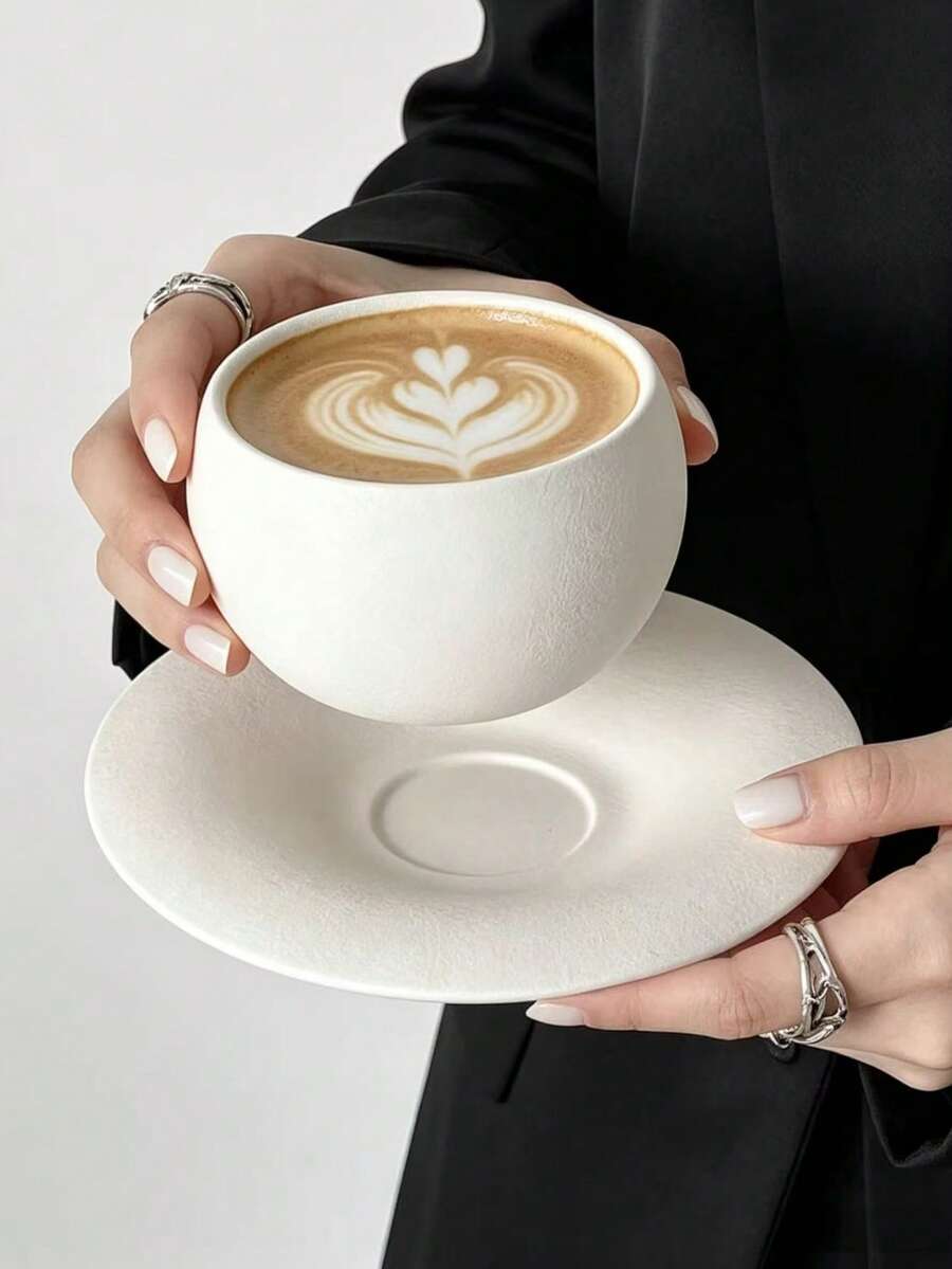 1組手持蛋形磨砂陶瓷杯碟，法式復古燒石紋理陶瓷咖啡杯碟，精緻下午茶杯碟套組，適用於客廳、餐廳、咖啡廳 - 彩色 - 查看 1