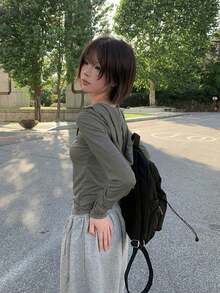 Korean Style Early Spring Versatile Retro Minimalist Design Asymmetric Button Slim Fit Flattering Hooded T-Shirt Top - Dark Grey - View 2