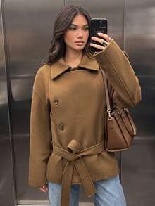 Stand Collar Double-Breasted Short Wool Coat, Loose Fit British Style Tie-Up Jacket, Autumn/Winter - Brown - View 1
