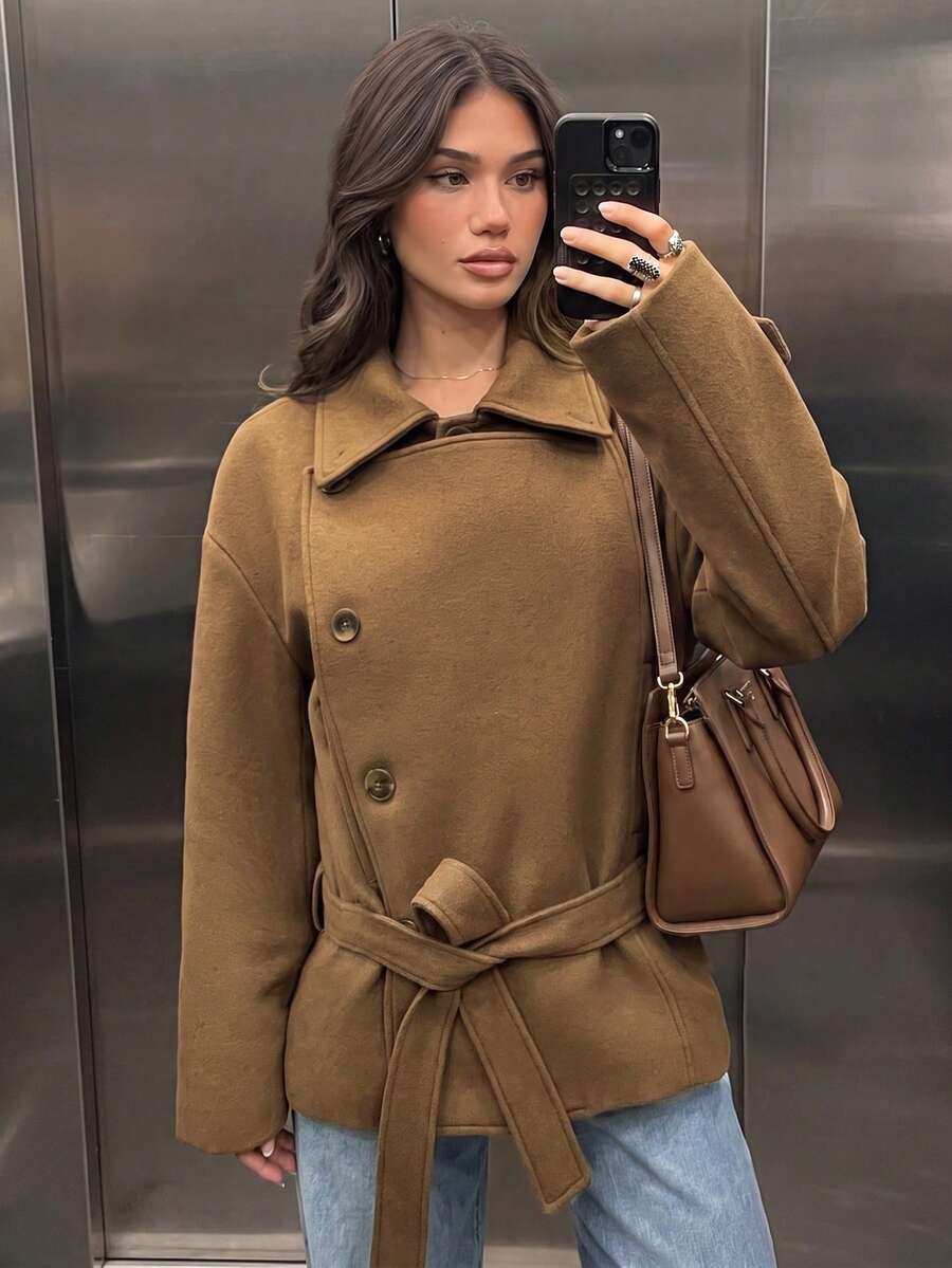 Stand Collar Double-Breasted Short Wool Coat, Loose Fit British Style Tie-Up Jacket, Autumn/Winter - Brown - View 1