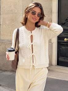 JIANHU Autumn/Winter Beige Hollow-Out Lace-Up Knit Cardigan - White - View 4