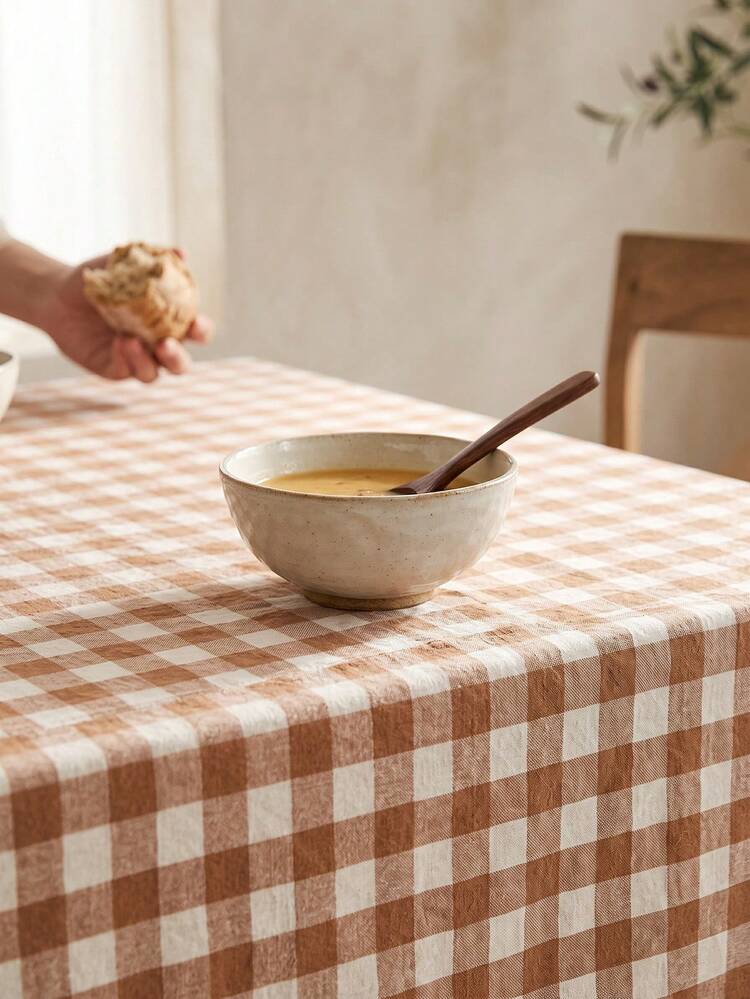 1pc Brown And White Large Plaid Ruffle Edge Tablecloth, Rustic Country Style Rectangular Same-Color Ruffle Edge Pleated Detail Decorative Functional Dining Tablecloth Suitable For Family Gatherings And Rustic Home Decor Scenes - Khaki - View 6