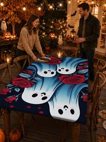 1pc Wrinkle-Resistant Rectangular Halloween Theme Elastic Tablecloth, Pumpkin Bat Ghost Halloween Print Tablecloth, Reusable Party Tablecloth, Suitable For Outdoor Patio Dinner, Halloween Garden Party, Outdoor Autumn Holiday Decor - A - View 7