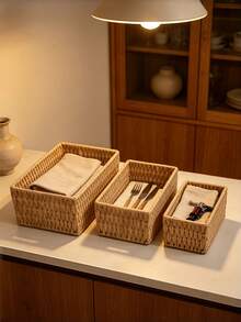 1/3pcs Handmade Woven Rattan Storage Tray Desktop Organizer, Suitable For Cosmetics, Keys, Jewelry, Stationery And Other Small Daily Items, Multi-Functional Stackable, Rustic Natural Woven Rattan Finish, Versatile Fashionable, Suitable For Home Living Room Bedroom Study Office Desktop - Camel - View 4
