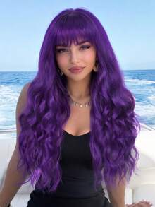 26 Inch Dark Purple Long Wavy Wig With Bangs For Women Heat Resistant Synthetic Fiber, Trimmable Bangs, Natural Wavy Wig Lightweight For Daily Wear, Cosplay, Parties, Festivals, And Halloween - Multicolor - View 8