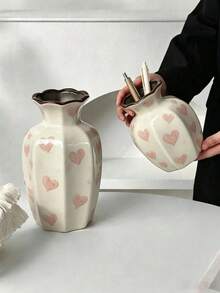 Cream White Ceramic Vase, Pink Heart Pattern Decorative Vase, Glazed Floral Vase And Pen Holder, Suitable For Bedroom, Children's Room Aesthetic Desktop Centerpiece - View 5