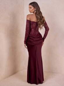 Elegant Women's Off-Shoulder Long Sleeve Lace Ruched Fitted Evening Gown, Suitable For Formal Occasions - Burgundy - View 6