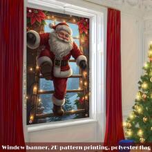 [Pai Ge Banner]1pc, Polyester Material, Christmas Theme Window Banner With Christmas Tree, Reindeer, Santa Claus Design For Christmas - Santa Claus Delivering Gifts - View 7