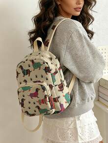 1 Piece Backpack, Women's Mini Backpack, Corduroy Girl School Bag, Travel Storage Bag, Puppy Printed Design, Large‑Capacity Foldable Easy‑To‑Store Bag, Lightweight & Pressure‑Relieving, Multi‑Pocket Layered Design With Zipper Closure - Paw Print Puppy 20899 - View 2