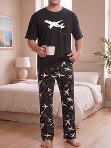 Plus Size Men's Travel Style Airplane Print Pajama Set "Fly High" Theme Short Sleeve Top + Long Pants Comfortable Home Sleepwear - Black - View 3