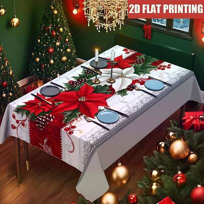 1pc Vintage Christmas Tablecloth - Red Potted Flowers, Holly Berries And Elegant White Background - Indoor/Outdoor Holiday Decor - Suitable For Christmas Party Setup, Christmas Decoration, Holiday Print Design, Holiday Gift Shoppers