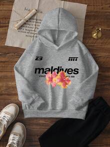 1pc Tween Girls Floral Maldives Letter Sweatshirt, Sweet Gentle Pink Pullover Top, Casual Loose Long Sleeve Sweatshirt For Spring And Autumn, Versatile For Outings - Grey - View 3