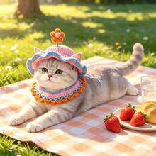 Handmade Woven Pet Hat & Bib Set, Adjustable Tie, Sun Hat + Drool Bib, Cat Photo Prop, Daily Styling Accessory For Small And Medium Dogs And Cats - Multicolor - View 3