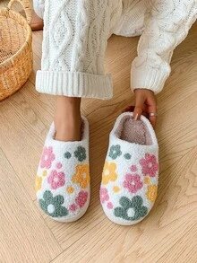 1雙時尚可愛花卉圖案冬季居家拖鞋，柔軟舒適、防滑耐穿、保暖，秋冬新款，居家/戶外穿著，刺繡設計，百搭時尚，軟底 - 多色 - 查看 4