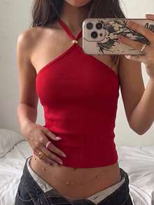 女款性感細肩帶背心上衣與條紋針織迷你裙兩件套，純色針織上衣與條紋針織迷你裙，新品紅色 - 紅色 - 查看 10