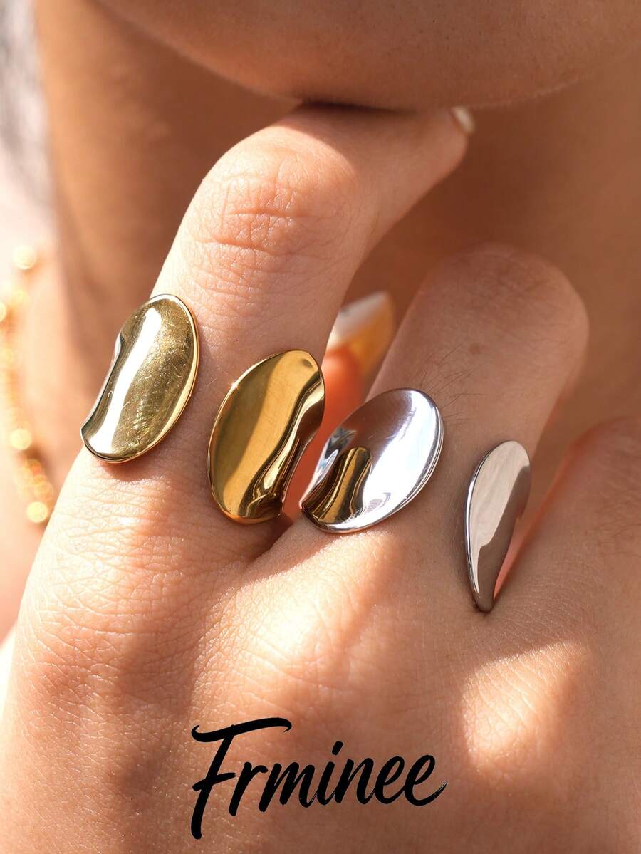 Frminee 2pcs/1pc Stainless Steel Adjustable Open Ring 18K Gold Plated Chunky Statement Cocktail Ring Fashion Jewelry Gift For Women