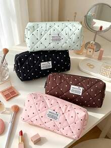 1pc Cute Polka‑Dot Quilted Makeup Pouch Soft Fabric Zipper Pen Case Portable Multi‑Purpose Storage Bag For Daily Use Cosmetics & Brushes Organization - Multicolor - View 1