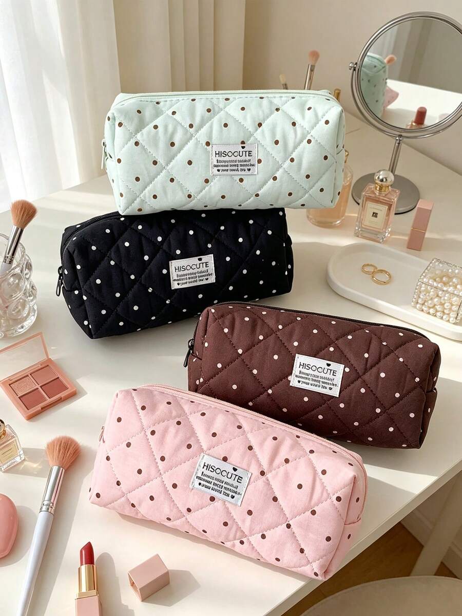 1pc Cute Polka‑Dot Quilted Makeup Pouch Soft Fabric Zipper Pen Case Portable Multi‑Purpose Storage Bag For Daily Use Cosmetics & Brushes Organization - Multicolor - View 1