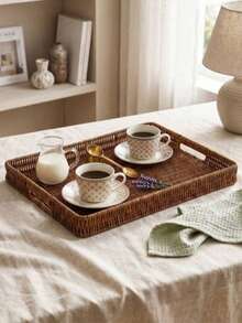 Rectangular Imitation Rattan Serving Tray Set, Hand Woven Wicker Storage Tray With Cutout Handles, Multipurpose Organizer For Kitchen Coffee Table, Farmhouse Boho Home Decor - Coffee Brown - View 2