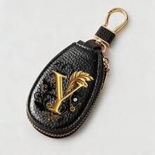 Litchi Pattern Key Bag -Black Gold Letters A-Z Car Key Protection Cover,PU Key Storage Clip,Zipper Bag,Car Key Storage Device,Car Keychain,Unisex Gift - Multicolor - View 49