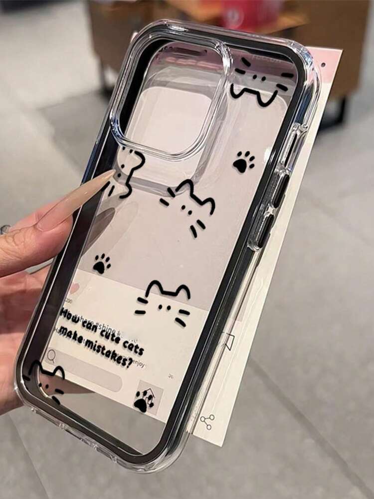 Cartoon Line Cat Design Phone Case Compatible With Apple 17/16/15 Pro Max 14/13 Full Coverage 12 Transparent 11 - Black - View 1