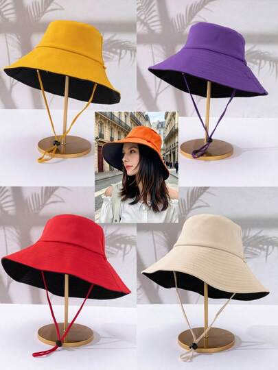 Reversible Black & Purple Wide Brim Bucket Hat For Women, Foldable Windproof Rope Sun Hat, UV Protection Wide Brim Sun Hat For Outdoor, Vacation, Beach, Travel