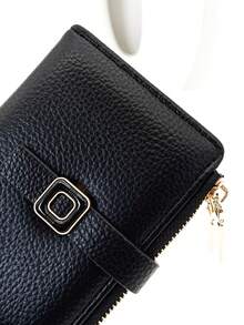 New Women's Long Wallet With Snap Closure, Exquisite Soft PU Double-Layer Zipper Coin Purse And Card Holder, Minimalist Fashion Lightweight - Black - View 3