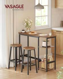 3-Piece Rustic Bar Table Set Compact Kitchen Living Room Dining Solution! Includes 1x Sturdy Steel-Frame Bar Table (40" H) 2x Matching Stools With Cushioned Seats Footrests. Features Open Wood-Look Shelves For Stylish Storageperfect For Cookb - 1 - View 2
