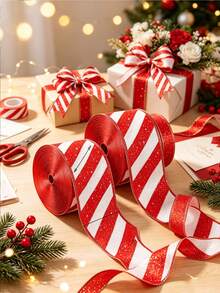 Red And White Diagonal Stripe Ribbon, Christmas Packaging Craft Decorative Ribbon, Wreath Bows, Holiday Party Decoration, Suitable For Gift Wrapping, Holiday Decor - Multicolor - View 5