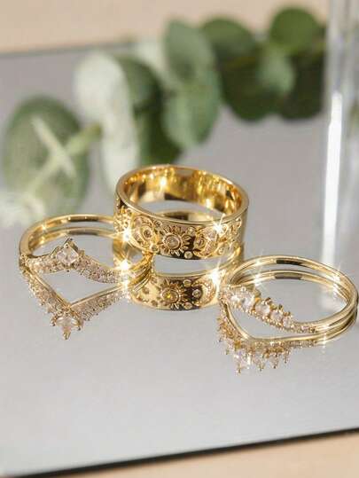 Juego de 3 Anillos Apilables con Patrón de Sol y Luna de Circonita Cúbica para Mujer, Adecuado para Boda, Compromiso, Aniversario, Uso en Fiestas, Regalo del Día de San Valentín.
