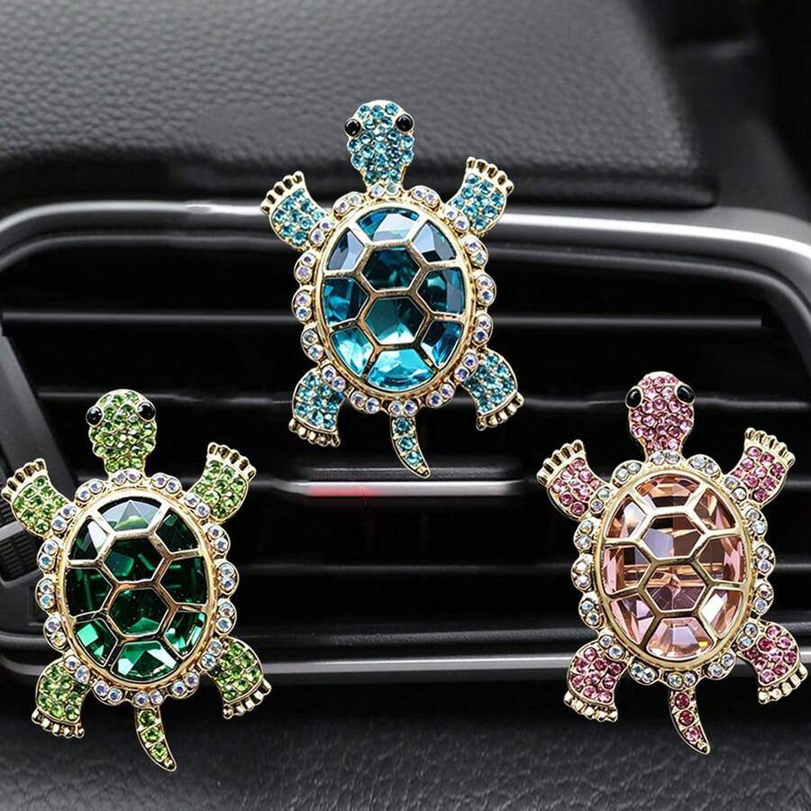 1/3pcs Alloy Rhinestone Turtle Car Air Vent Aromatherapy Clip, Creative Turtle Fragrance Clip With Rhinestone Decor, Includes Solid Fragrance Pad