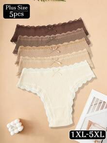 5pcs Plus Size Women's Panties, Bow Design, Lace Trim, Ribbed, Comfortable Soft, High Quality Earth Tone - Multicolor - View 3