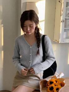 Cardigan Lengan Panjang Kancing Depan Serbaguna untuk Wanita, Desain Musim Gugur/Dingin YCYC - Grey - View 5