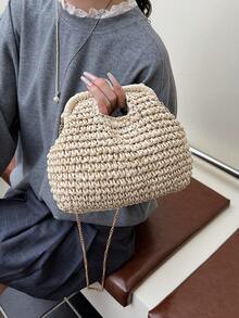 Dedoo Women's Dumpling-Shaped Woven Straw Crossbody Bag, Chain Shoulder Strap, Hand Carry Handle, Bohemian Style, Suitable For Summer Beach Vacation (Includes Gift Bag) - Beige - View 6