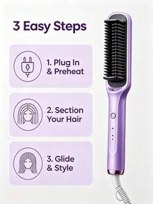 CRASTS Hair Straightener Brush, 2‑In‑1 Straightening Brush For Smooth Sleek Hair & Loose Curls, Ceramic Tourmaline Hot Brush Anti‑Scald Design, Portable Electric Hair Styling Comb For Home Salon Use - Lilac Purple - View 7