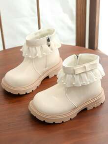 Girls' White Ankle Boots, College Style, Mesh Frill Trim With Pearl Bow, Side Zipper For Easy On/Off, Thick Textured Non-Slip Sole, Versatile Kids' Shoes For School Uniforms In Autumn/Winter - White - View 1