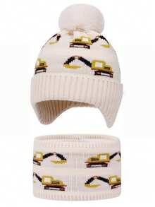 Kids Hat & Scarf Set, Boys Winter Thermal Lined Earflap Beanie, Windproof Warm Baby Pullover Cap, - Excavator 2-piece Set - View 12