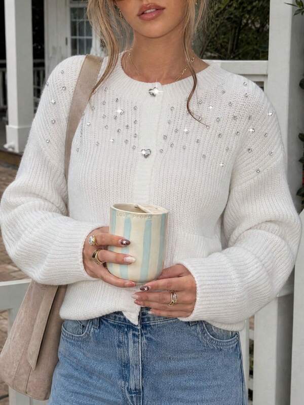 Fashionable Gentle Rhinestone Cardigan Women's Autumn/Winter Round Neck Single-Breasted Heart Button Loose Short Cardigan With Pockets