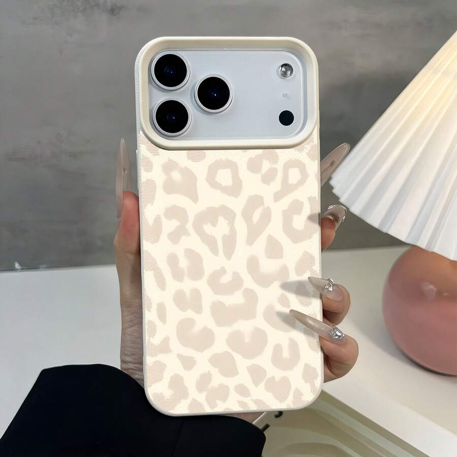 1pc White Leather Texture Minimalist Personalized Light Leopard Print Phone Case Suitable For IPhone 16 Pro Max/17/16/15/14 Plus/13/12/11/Air And Series - Multicolor - View 1